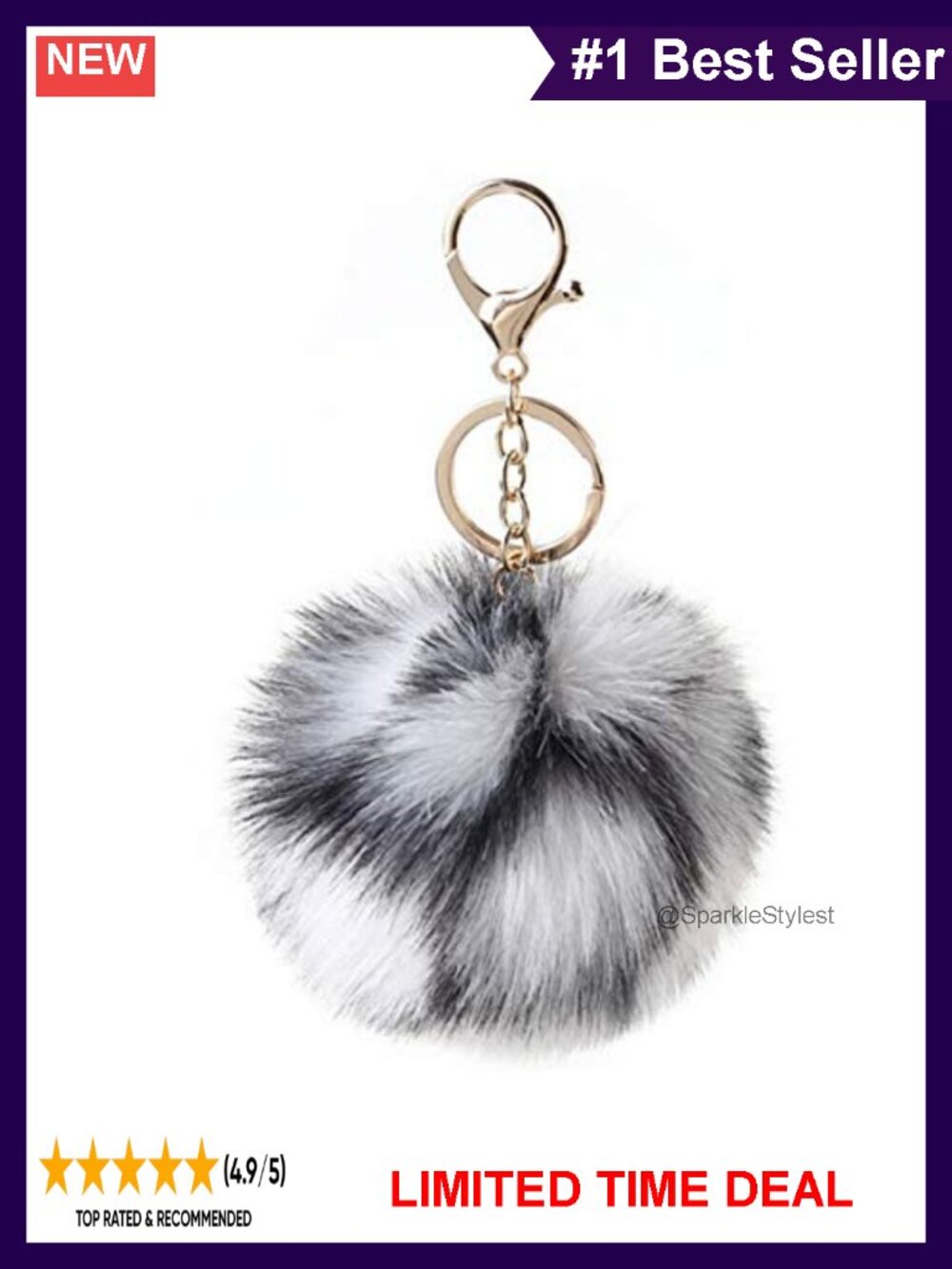 18PCS Faux Rabbit Fur Pom Pom Keychains Gold Metal Rings - Picture 3 of 3